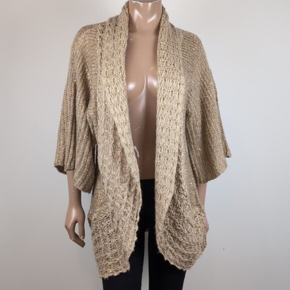 Orange Cocoon Cardigan Sweater Open Knit Flare Sleeve Metallic Gold Neutral - Picture 3 of 13